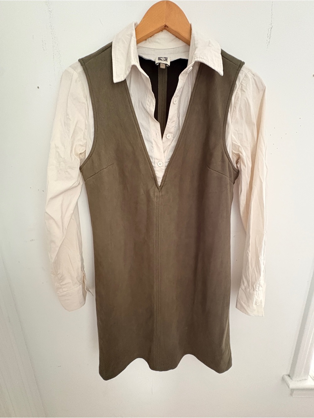 Anne Klein Olive Suede-Look V-Neck Mini Dress with Cream Shirt